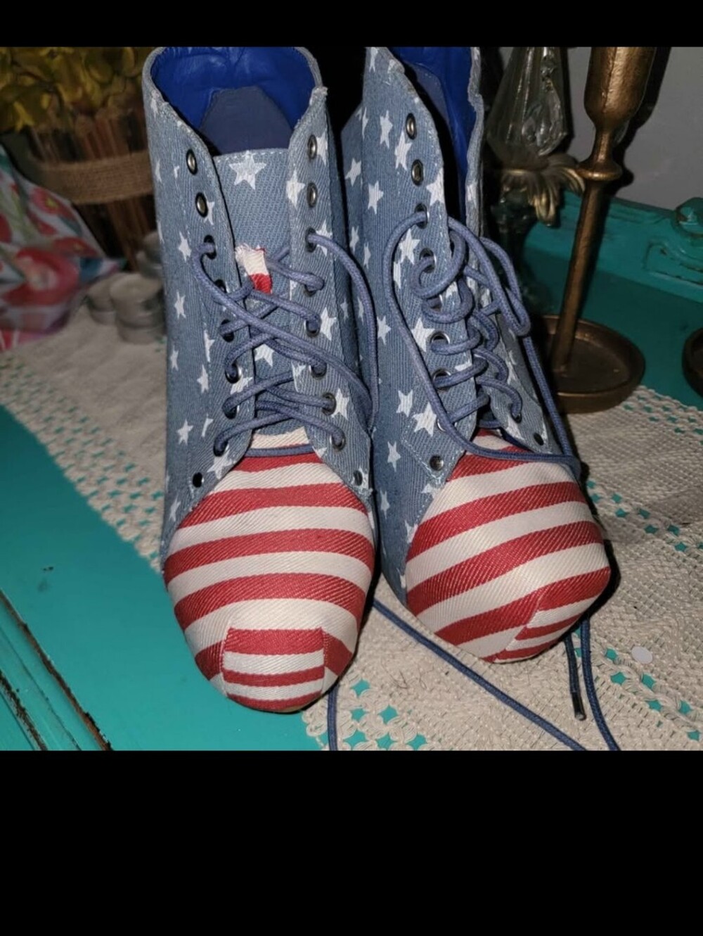Women's Star & Stripe Lace-Up Ankle Boots - Blue/Red